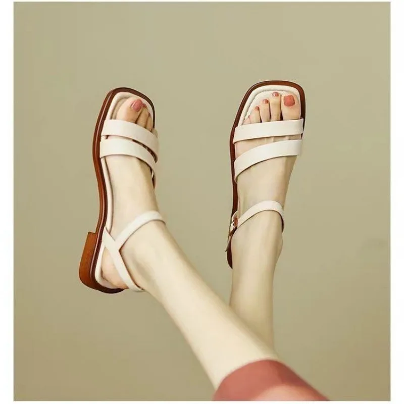 Women Flat Sandals Genuine Leather Strap Rome Style High Quality Summer Ladies low heel Shoes large size 35-43