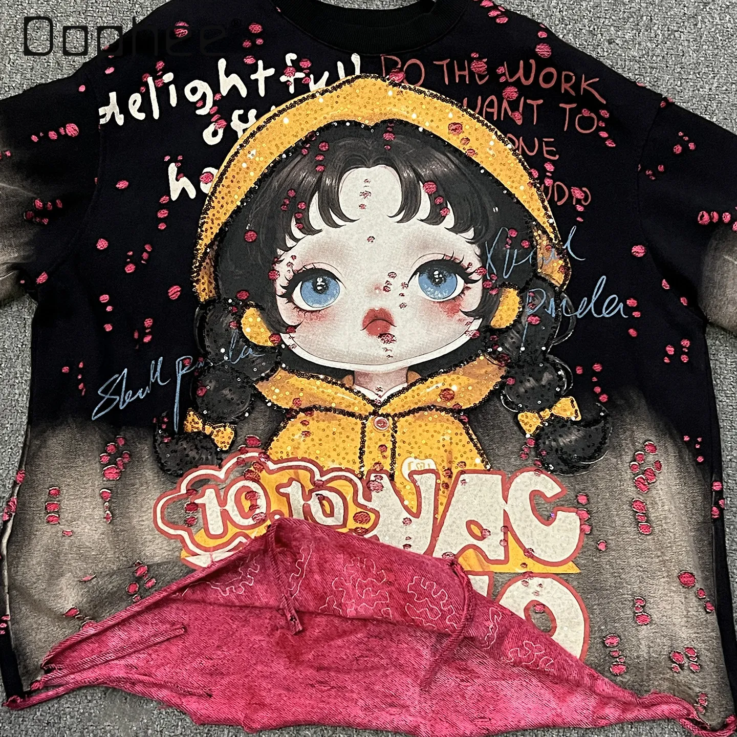 

Spring Summer Cartoon Little Girl Distressed Tassel Gradient Color Short Sleeve T-Shirt Women Loose Casual Style Sequin Top