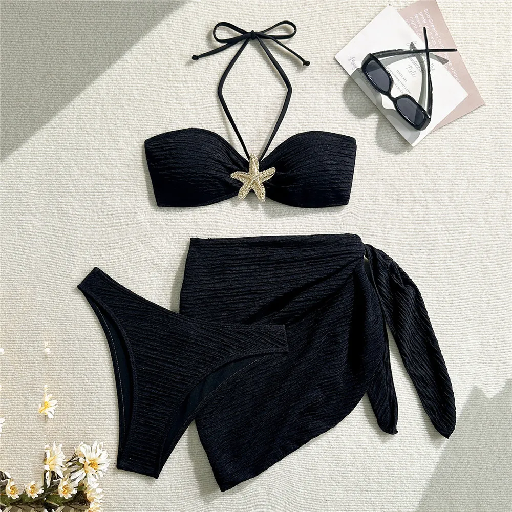 

Metal Starfish Black Bikinis Sets 3 Pieces Cover Ups Sexy Swimsuit Women 2025 Halter String Bandeau Swimwear Beach Wear Biquinis