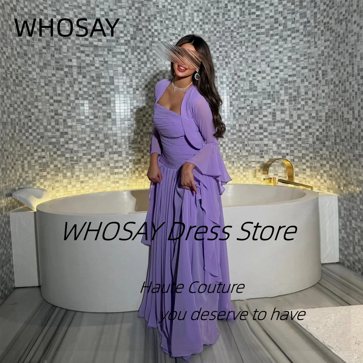 WHOSAY Customized Robes De Soirée Strapless Long Sleeves Jackets Prom Dresses Ruched Chiffon Special Occasion Saudi Evening Gown