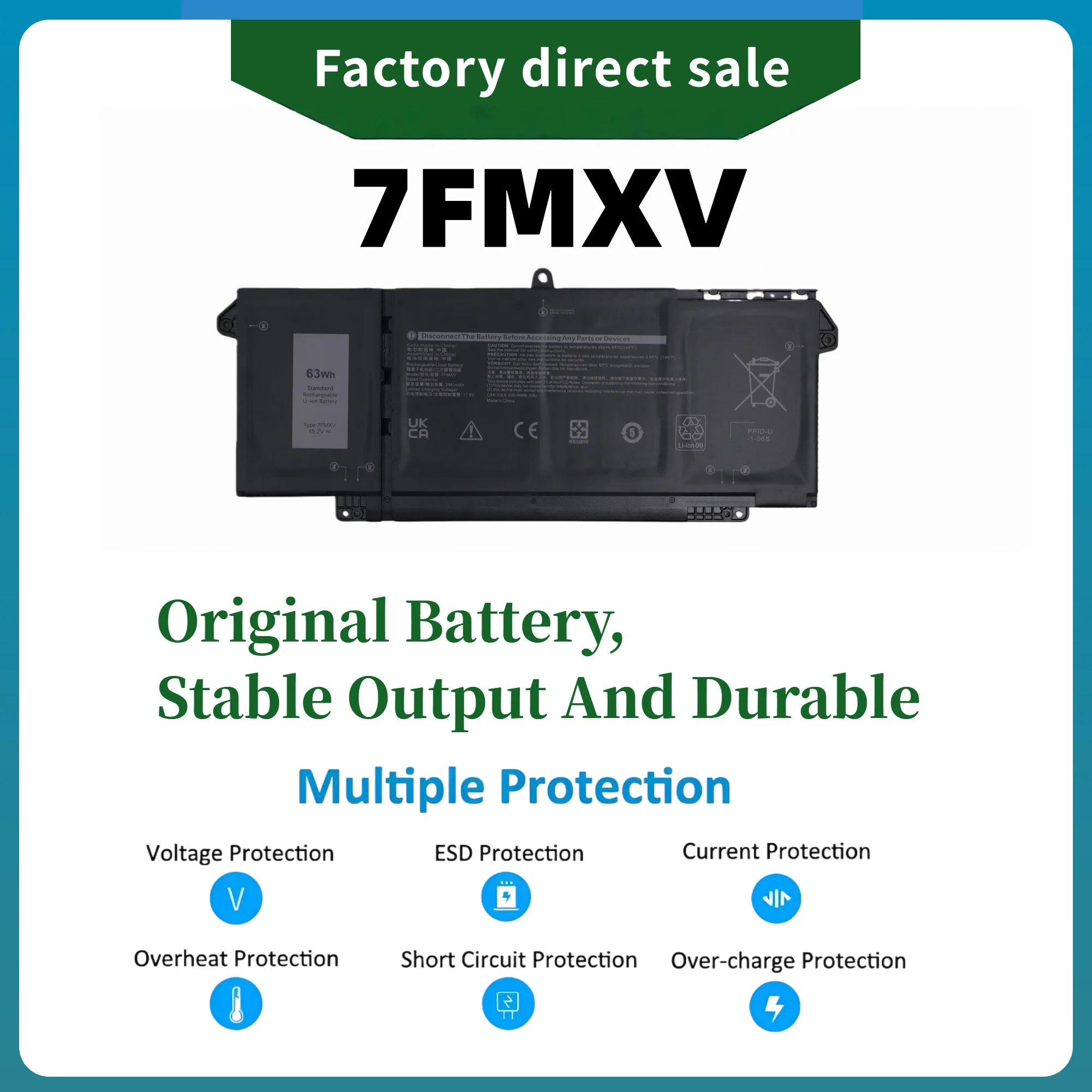 Factory Direct!  7FMXV 9JM71 For DELL Latitude 5320 7320 7420 7520 Series HDGJ8 MHR4G TN2GY 4M1JN 1PP63 Laptop Battery
