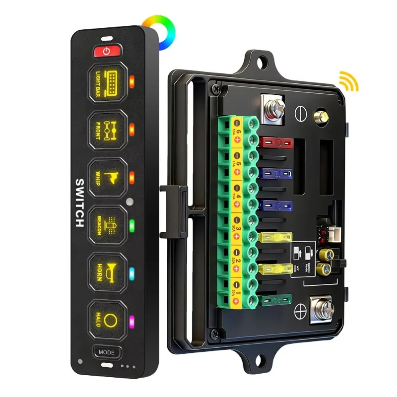12V 24v Automotive AUX ACC Off-Road Wireless 6-Position Switch Panel with Circuit, Suitable for Off-Road Truck Lighting, Flash,