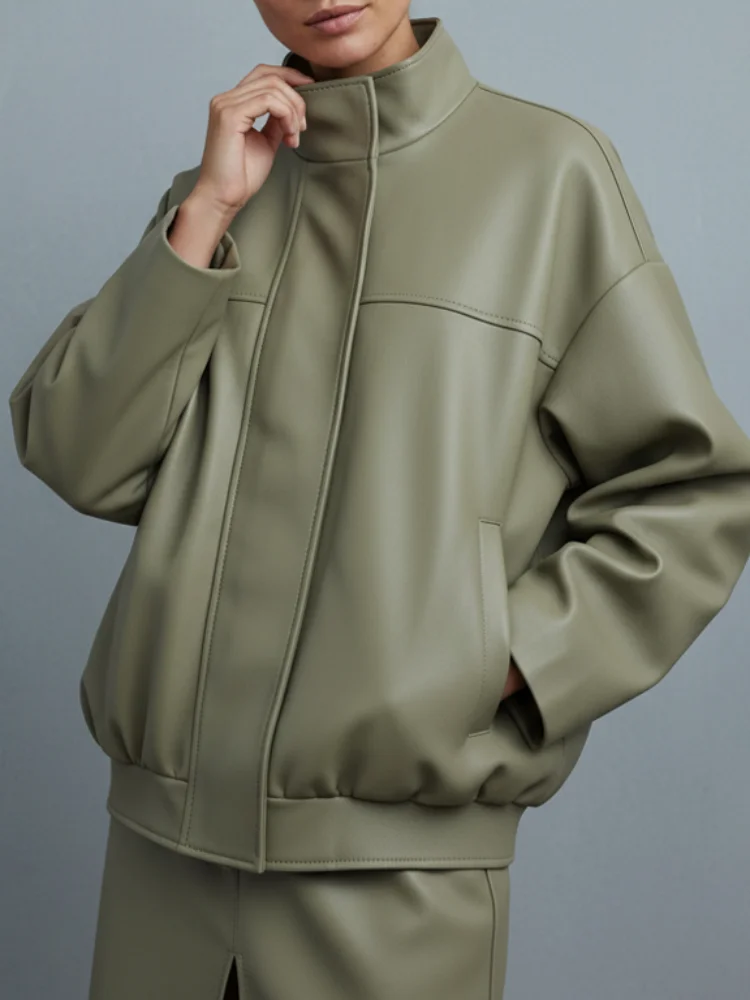 

Женская кожаная куртка с воротником-стойкой, модная, с длинными рукавами, на молнии, с карманами, весна 2026, повседневная, для города, верхняя одежда