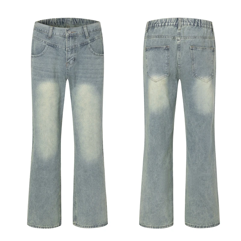 Fashion Elastic Zipper Vintage Washed Jeans Men's Clothing 2024 Spring Autumn New Loose All-match High Waist Denim Trousers