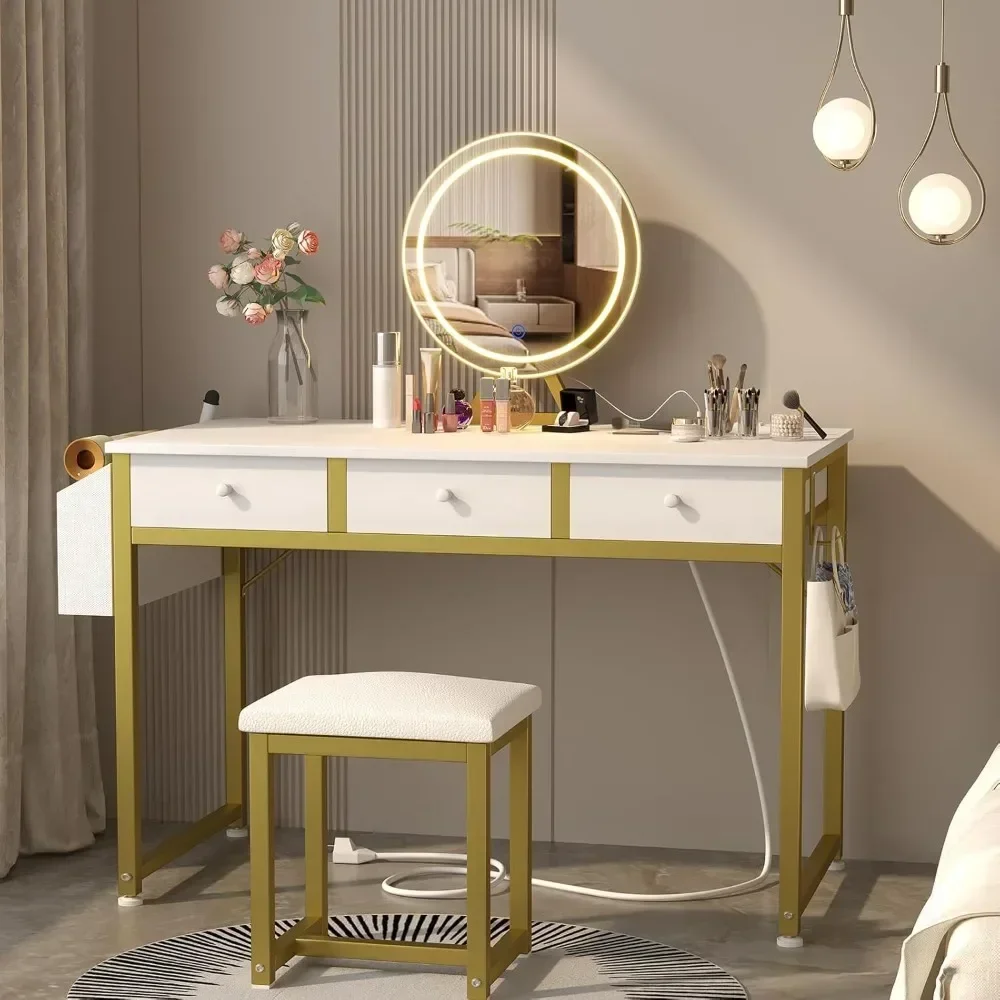 

White Makeup Vanity Desk with Mirror and Lights, Fabric Drawers & Charging Station, Dressing Table and Chair Set for Bedroom