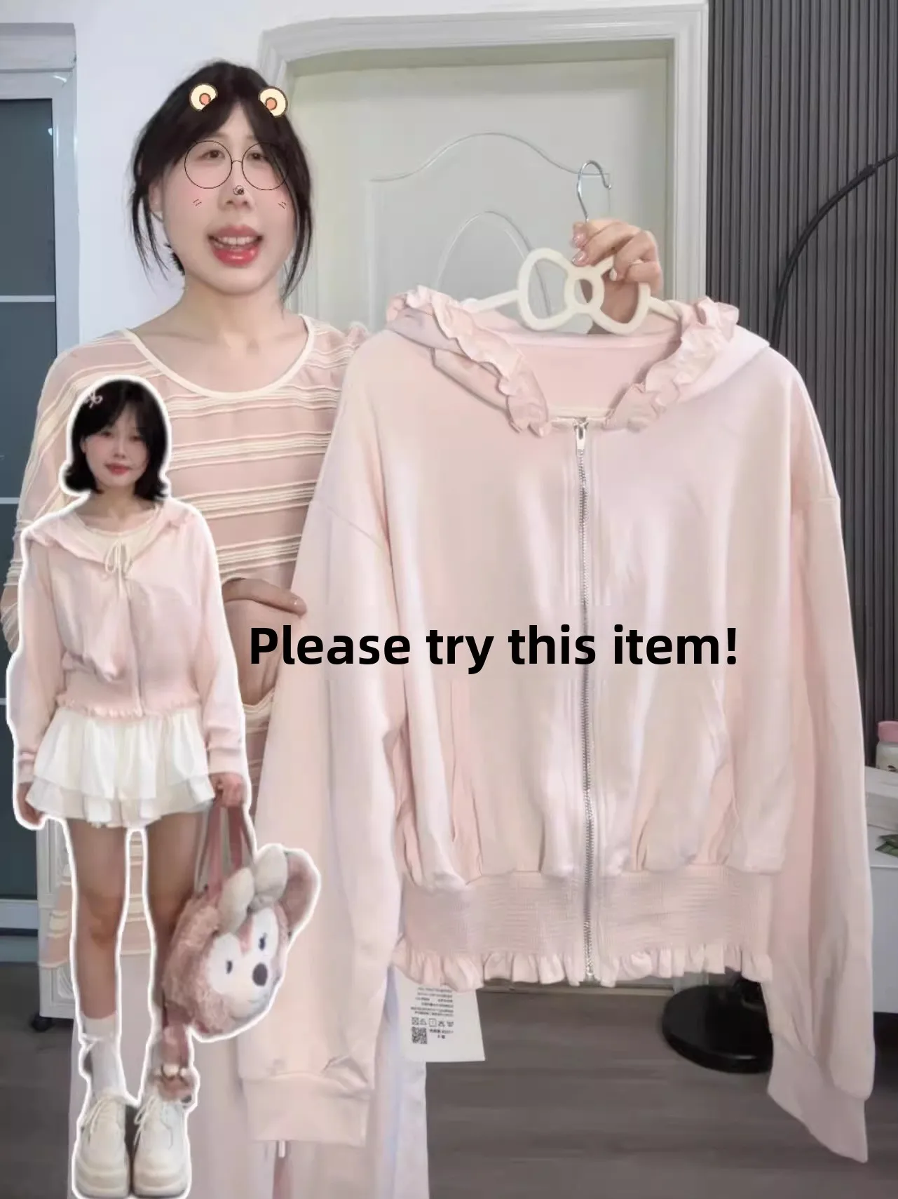 

Korean Sle Sweet Pink Hoodie Women's Clothing Wood ain Balac Casual Loose Fit Long Sve Zipper Pullover