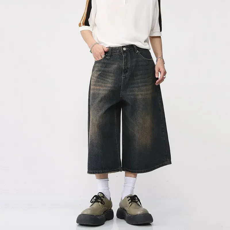 Y2K Mens Vintage Streetwear Breeches Korean Harajuku Denim Wide Leg Trouser Short Pants Jorts Bermudas Jeans Shorts Alt Clothes