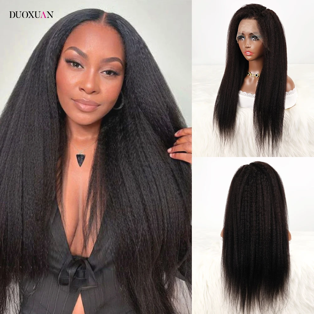 Duoxuan Perücken Echthaar 100 % Echthaarperücken Kinky Straight Lace Front Echthaarperücke Natürliche schwarze Haarfarbe Perücke Yaki Straight