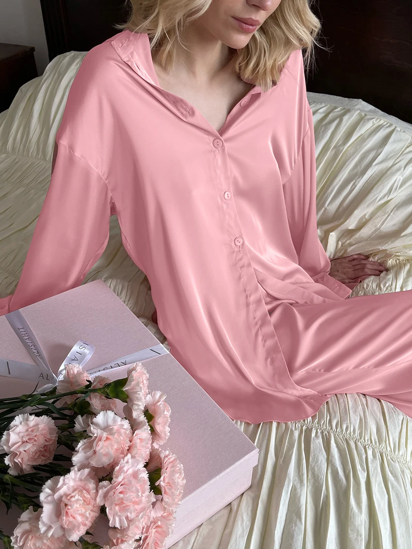 Marthaqiqi Loose Ladies Sleepwear Set Long Sleeve Nightwear Turn-Down Collar Pajamas Pants Casual Female Nightgowns 2 Piece Suit