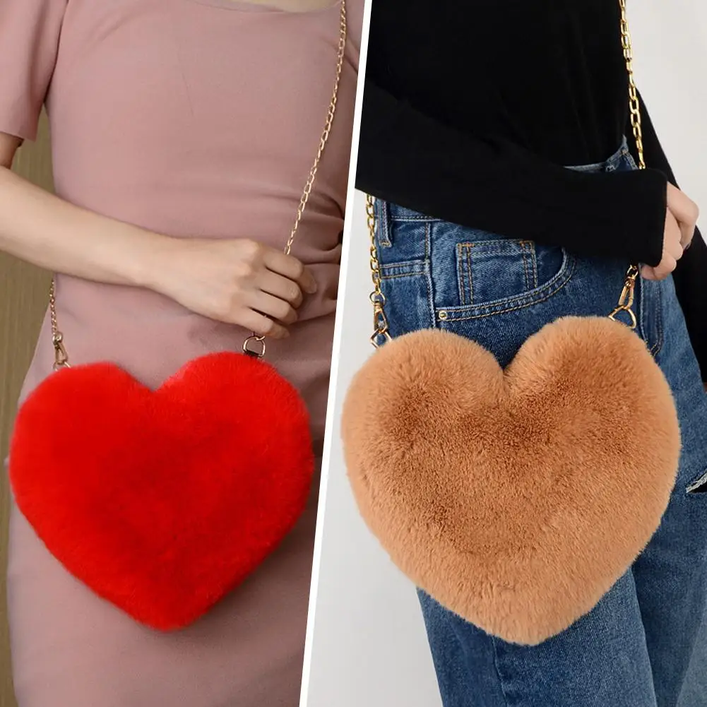 Furry Women's Heart Shaped Handbags Cute Faux Fur Crossbody Purses Plush Lady Chain Shoulder Totes Shopper Bag Bags Soft F4I4