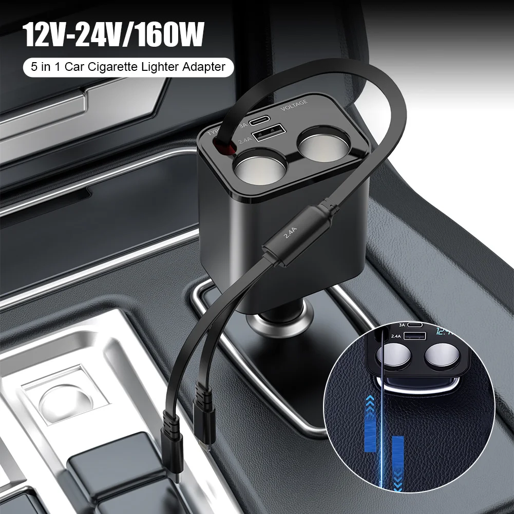 5 In 1 Car Cigarette Lighter Adapter Fast Charging Car Charger Adapter 2-Socket Cigarette Lighter Splitter Retractable Charger