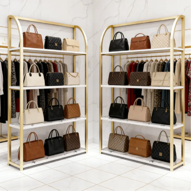

Стеллаж для обуви в магазине одежды, полка для хранения сумок, витрина для обуви, многоярусная полка для обуви, золотая полка для обуви.