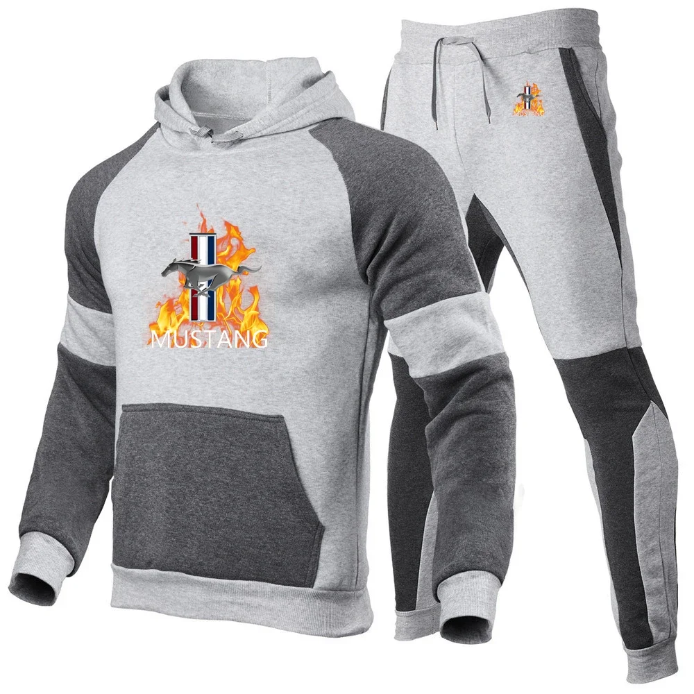 2024 Spring Autumn Mens Mustang Logo Print Pullover Hoodies Tracksuit+Trendy Sweatpants High Quality Patchwork Cotton Sports Set