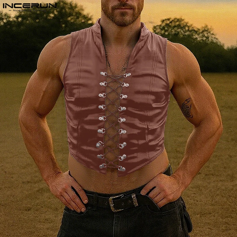 

INCERUN Men Vests Solid Color Lace Up PU Leather Sleeveless Casual Male Waistcoats Streetwear 2025 Fashion Crop Tops Vests S-3XL