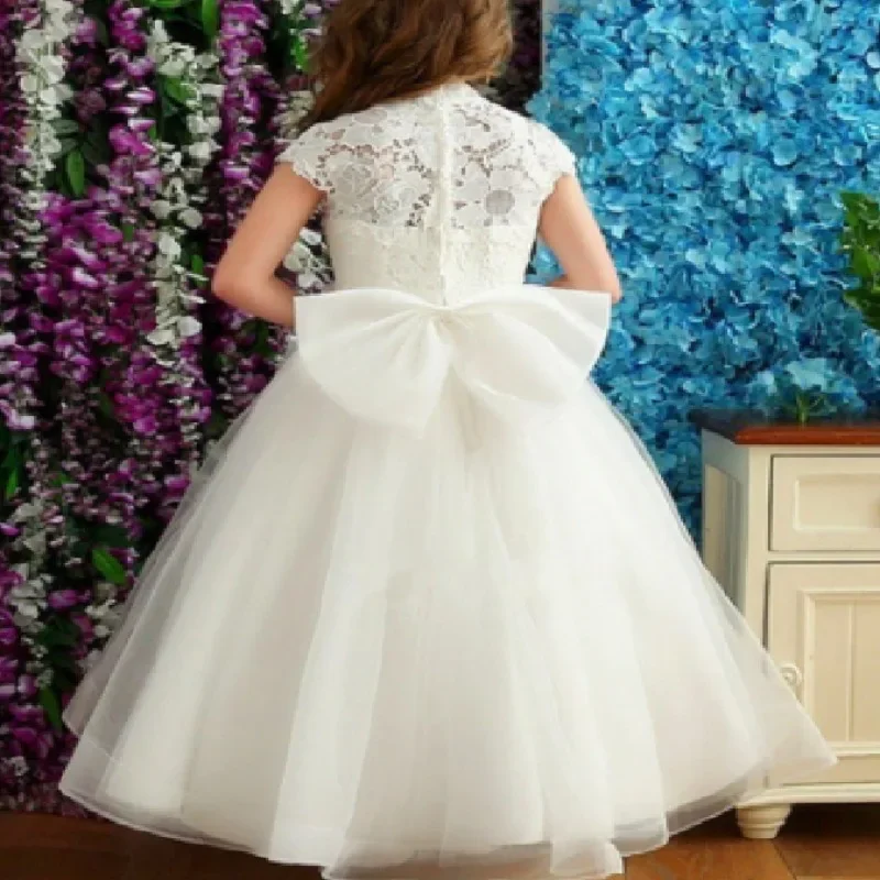 

Elegance Flower Girls Dresses Princess Pageant Party Dresses Bow White Tulle Ball Gown with Satin Overskirt First Communion