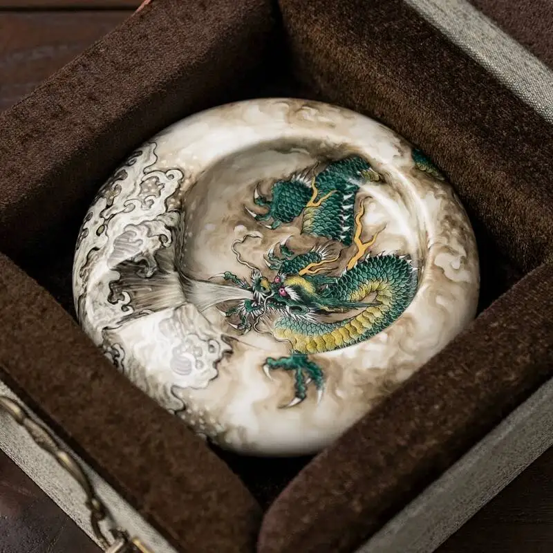 Holy Mountain Jingdezhen Classy Pastel Antique Dragon Ashtray Ceramic Hand-Painted Ornaments Cigar Cylinder