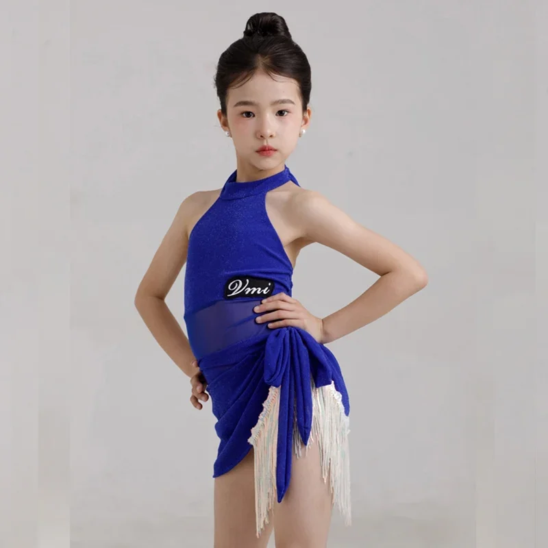 

Blue Latin Dance Dress Girls Cha Cha Rumba Dancing Stage Costume Halter Leotard Fringe Skirt Kids Latin Practice Clothes