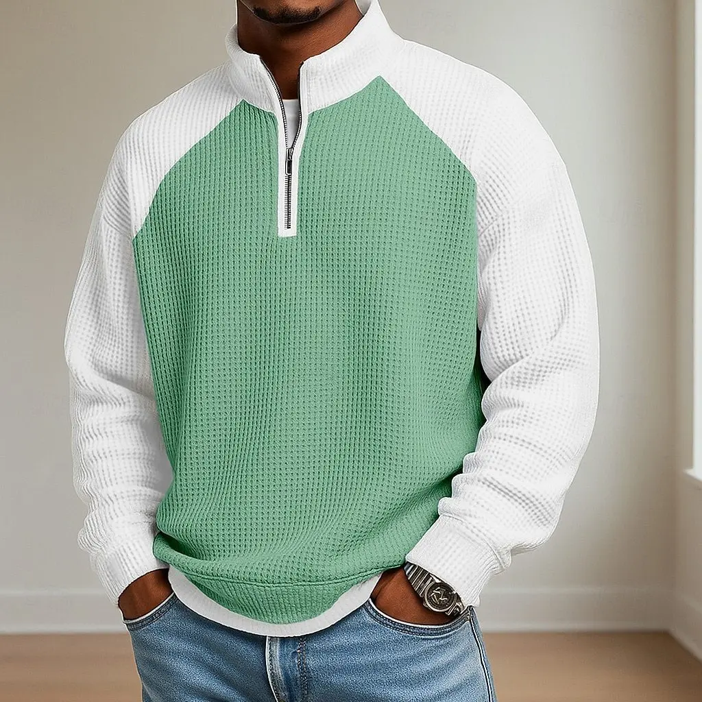2026 Spring New Casual Mens Sweatshirt Vintage Patchwork Waffle Plaid Textured Pullovers Men Fashion Stand Collar Zipper Jumper