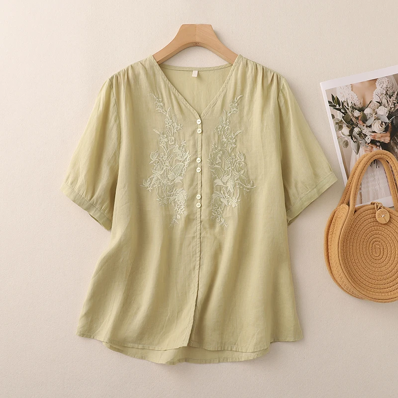 

Women Summer V-neck Embroidery Thin Cotton Shirt Blouses Vintage Button Trim Short Sleeve Purple Orange Yellow Green T-shirt Top