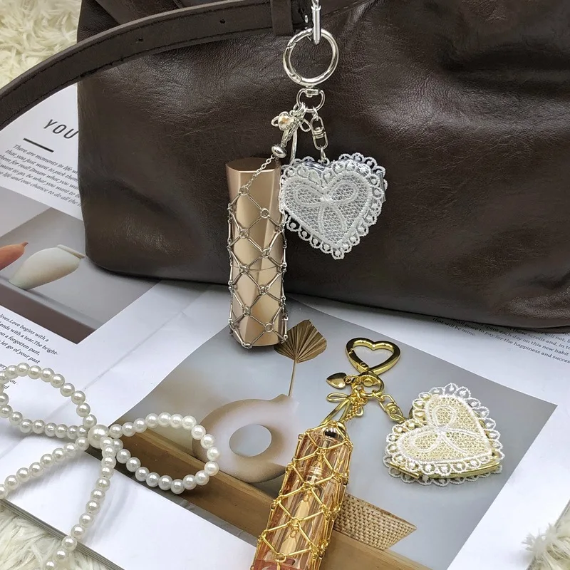 

INS Metal Stainless Steel Interchangeable Lipstick Mesh Bag Keychain Bow Lace Love Mirror DIY Women's Bag Charm Bag Accessories