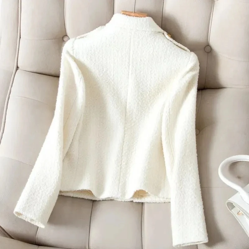 New Fashion White Blazer Suit Collar Small Fragrance Jacket High-Quality Tweed Coat Short Black Wool Outerwear Female Tops