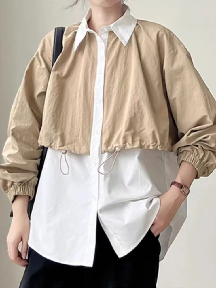 Spring Fake Two Piece Set Shirts Tops Women Patchwork Modis Korean Loose Pleated Ladies Blouses Long Sleeve Casual Woman Shirts