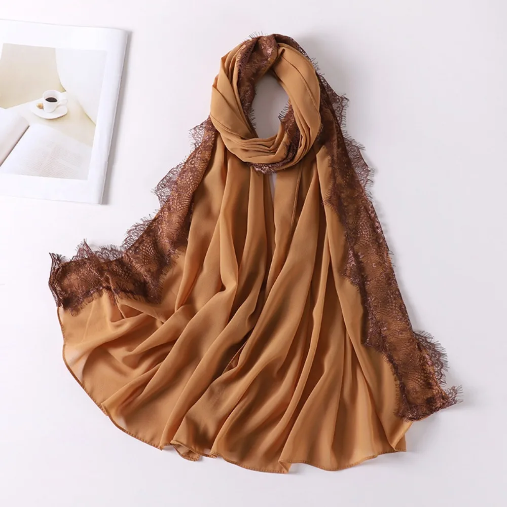 

Versatile Elegant Silk Scarf Lace Edge Solid Color Sunscreen Shawl Soft Breathable Ramadan Headscarf Women Headwear