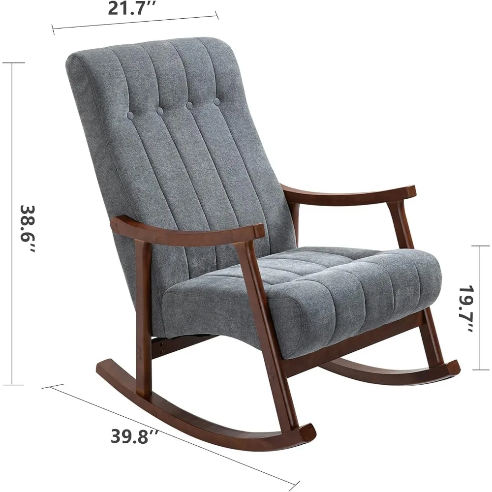 Gepolsterter Schaukelstuhl mit Stoffpolsterung, bequemer Schaukelstuhl aus Massivholz für Wohnzimmer, moderner Sessel mit hoher Rückenlehne