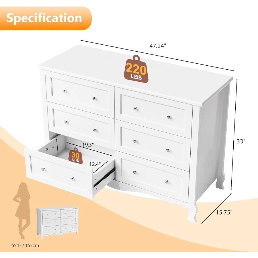 Dresser 6 Drawer, Wood Dresser Chest of Drawers, Clothes Dressers for Bedroom with Curved Legs and Grooved Drawer Front, French