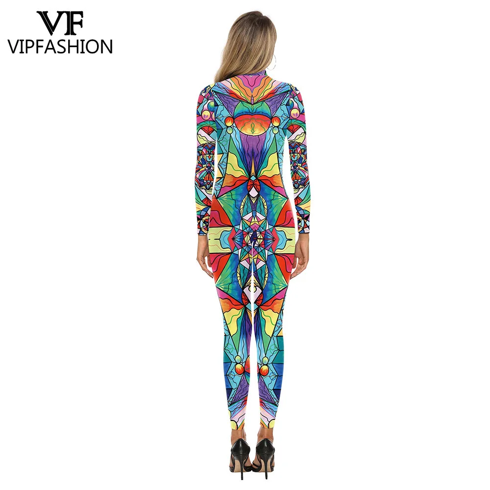 

VIP FASHION Colorful Psychedelic Print Bodysuit Women Stretch Festival Jumpsuit Burning Man Festival Catsuit Fancy Party Outfit