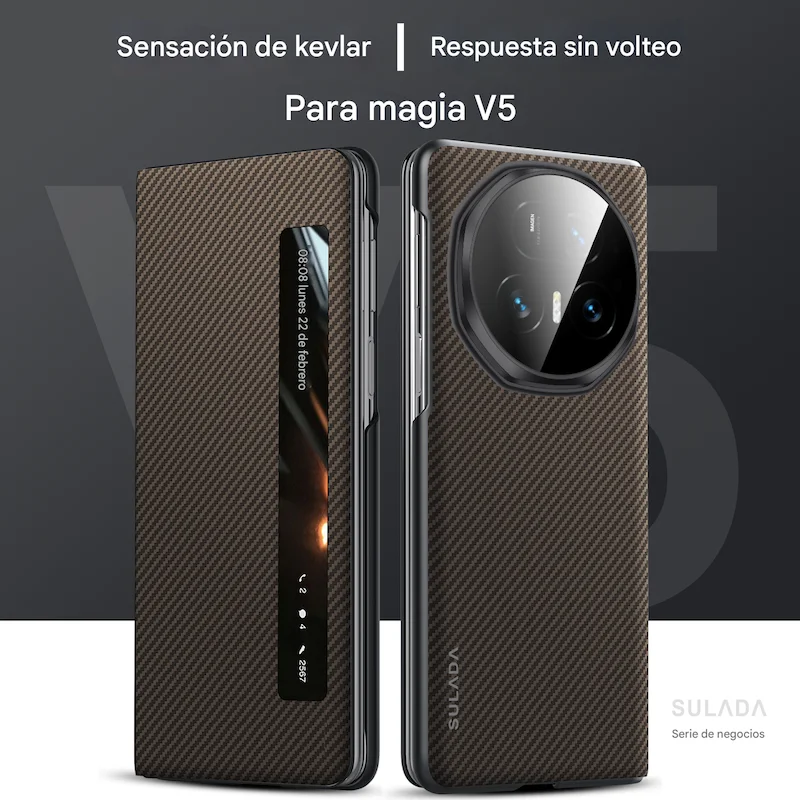 حافظة لهاتف Honor Magic V5 Sulada حافظة جلدية فاخرة بنمط ألياف الكربون Magsafe لهاتف Honor Magic V5 غطاء حماية مغناطيسي