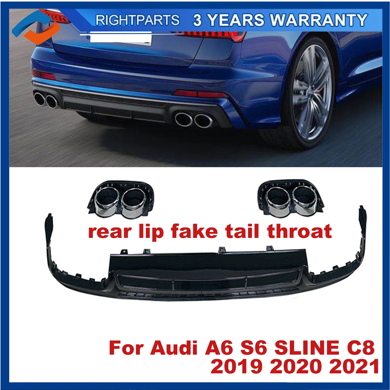 

For Audi A6 S6 SLINE C8 ABS REAR BUMPER TRUNK LIP SPOILER DIFFUSER Exhaust Tips 2019 2020 2021