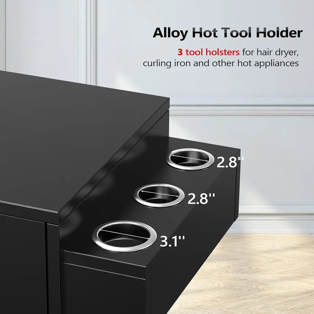 عربة صالونات التجميل باللون الأسود والذهبي مع عجلات وحامل مجفف الشعر وأدراج ورف تخزين مفتوح