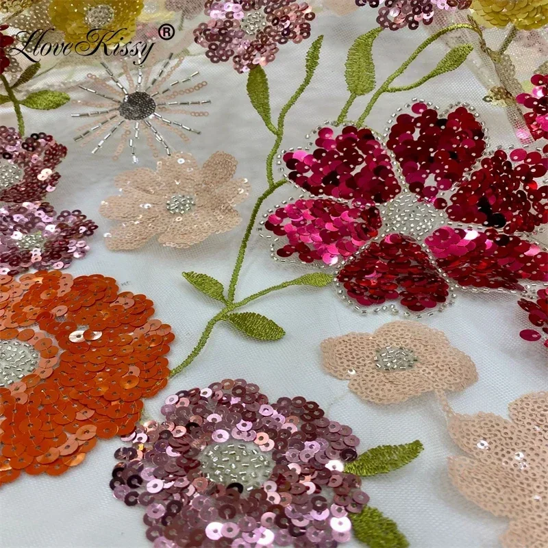 Jupe de robe de mariée en dentelle brodée de plantes, tissu à paillettes multicolores, perles de haute qualité, largeur 125cm, savoir chaud