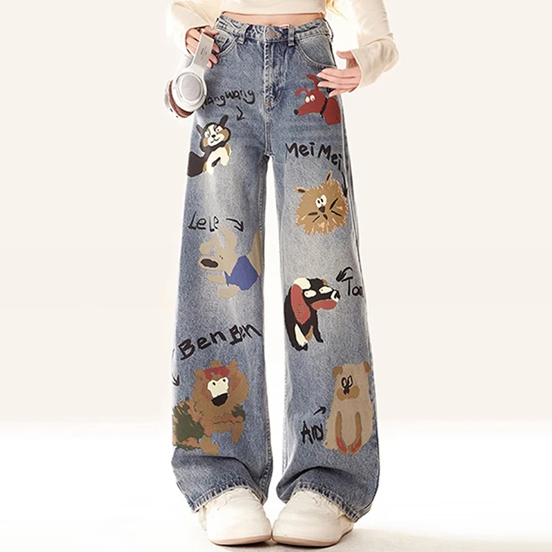 WTHT Mode Cartoon Print Ontwerp Rechte Denim Broek Voor Vrouwen 2025, Zomer Hoge Taille Wijde Pijpen Jeans Vrouwelijke Trendy 1LS1901