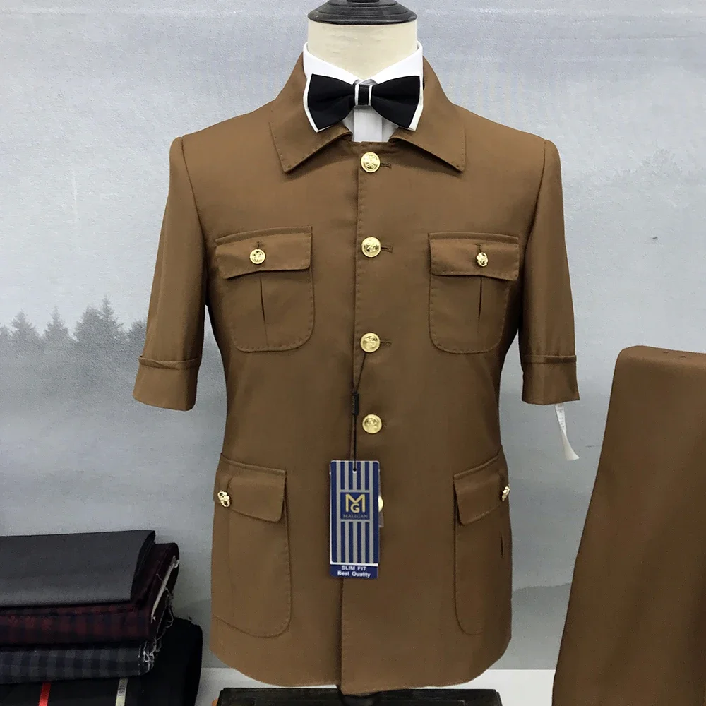 

Men Clothing Summer Short Sleeve Punk Style Solid Color Single Breasted Stand Lapel Leisure Outfits 2 Piece Jacket Pants Suits