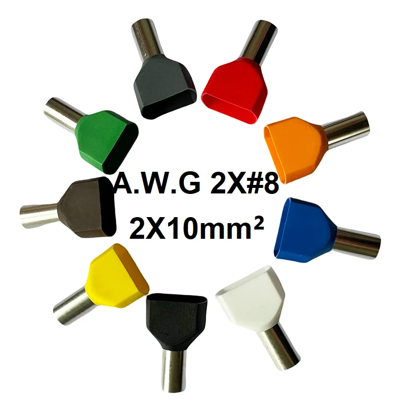 20 قطعة 2x10mm2 مقياس 2x8 النحاس معزول الحلقات عروة كابل الكابلات المزدوجة إدراج نهاية موصل محطة الباردة العقص TE10-14