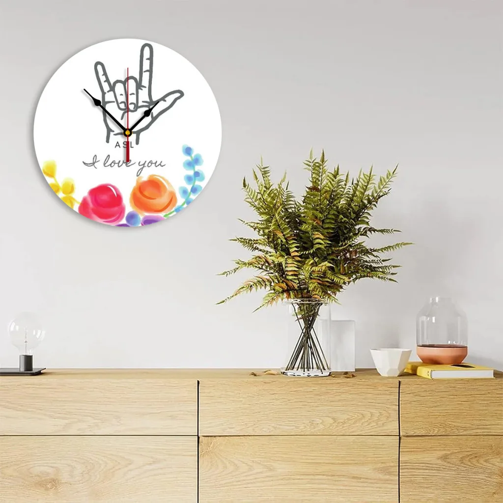 

I love you, Hand signs, Watercolor flowers, ASL, Wall Clock Modern 3D for Home Office Hotel Restaurant School Decoration