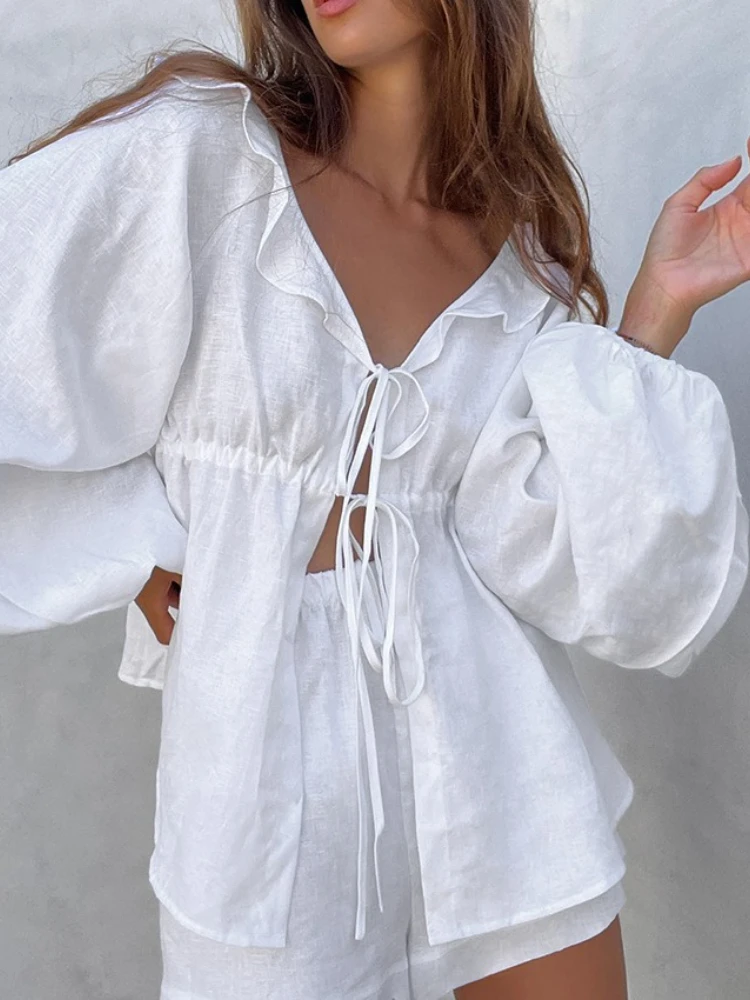 

New in Summer Elegant White Long Sleeve Ruffle Lace Up Chiffon Shorts Suit Women Casual V Neck Solid Loose Comfort Shorts Set