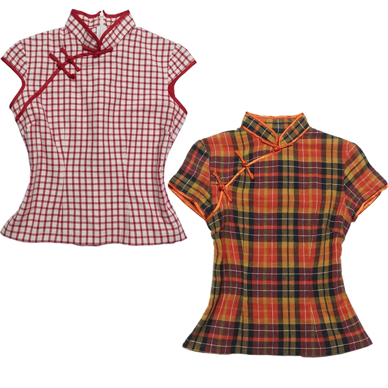 النمط الصيني تي شيرت موضة شارع العليا Y2K الألفية المزاج فتاة القوطية زر موضة ريترو منقوشة المرأة قصيرة الأكمام بلايز