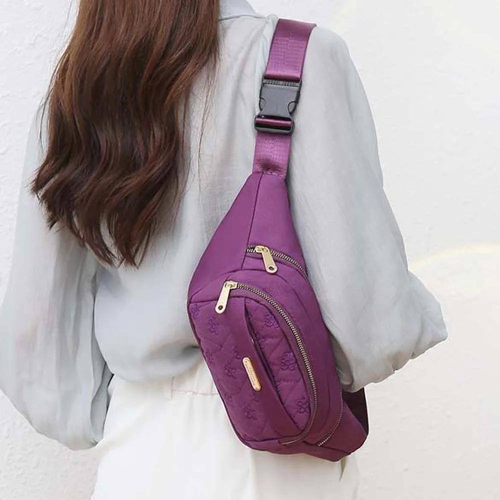 

Waterproof Women Fanny Pack Oxford Cloth Large Capacity Embroidery Bumbag Multi-functional Flower Pattern Sports Chest Bag Daily