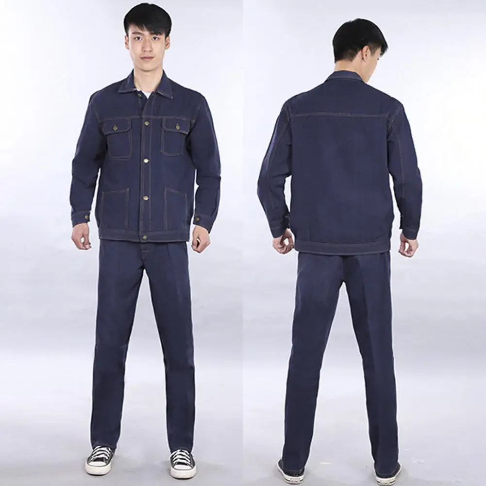 2Pcs/Set Jacket Pants Set Lapel Long Sleeve Single-Breasted Turn-down Collar Men Multi Pockets Denim Cargo Outfit Male Clothing