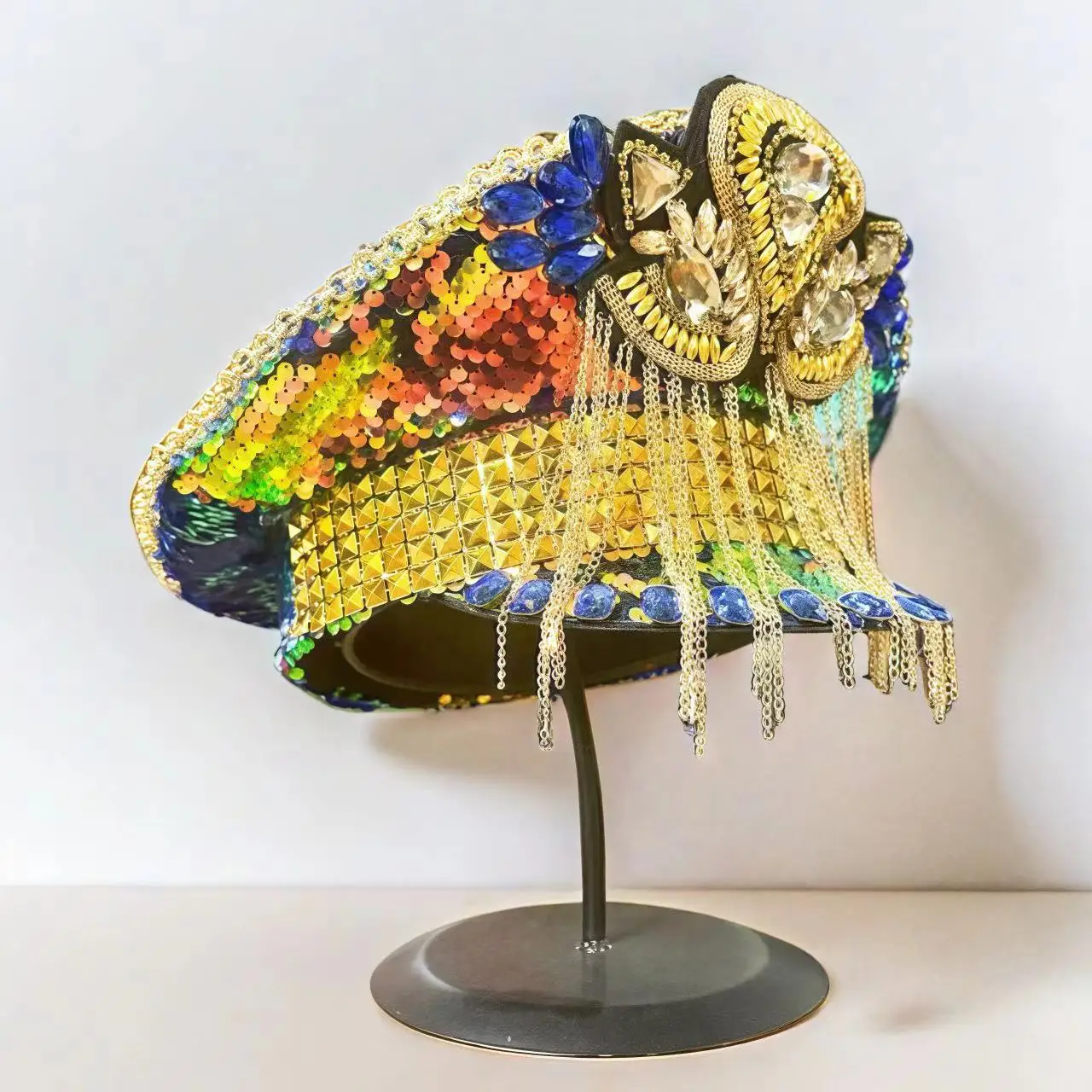 ホンルアン イエローレーザーレザーループキャプテンハット ラインストーン＆ミリタリーキャップ 女性用、レイブフェスティバルアクセサリー＆パーティーキャップ男性用