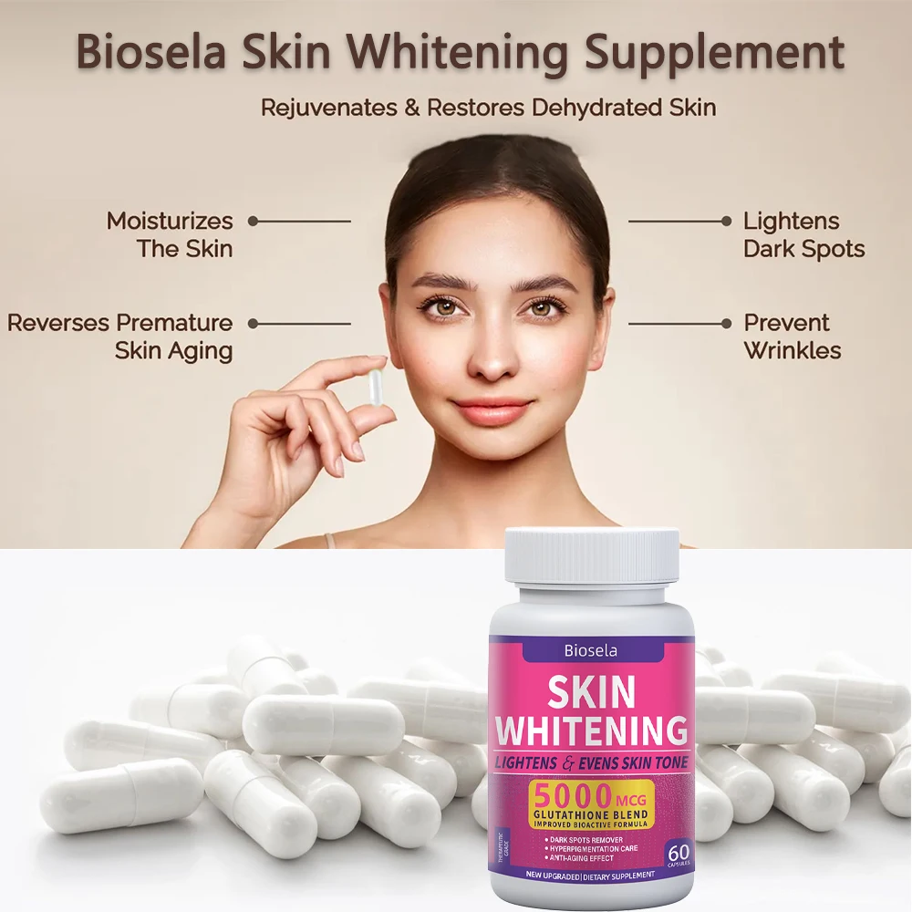 مكمل غذائي الجلوتاثيون 5000 مللي جرام مع فيتامين C- محسن لون البشرة للبقع الداكنة وحب الشباب المضادات للأكسدة القوية 60 كبسولة نباتية