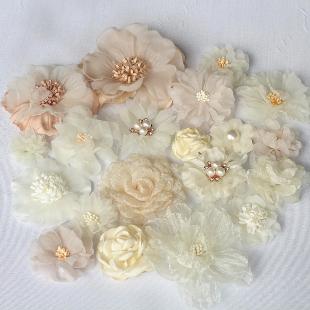 20Pcs Set Beige Series Mix 20 Styles Chiffon Organza Fabric Rose Flowers Wedding Dress Girls Clothing Headwear Decoration DIY