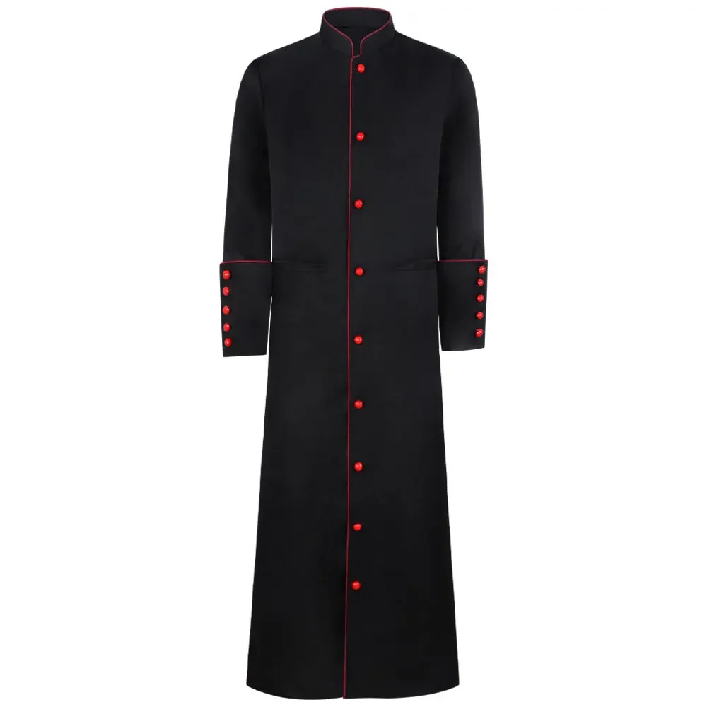 

Men Stand Collar Church Priest Robe Trench Jacket Medieval Cassock Clergy Preacher Minister Choir Roman Pastor Halloween Costume
