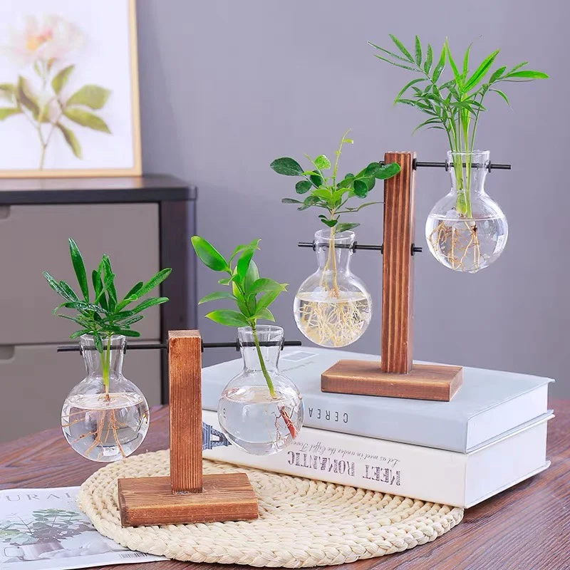 

Creative Glass Desktop Planter Bulb Vase Wooden Stand Hydroponic Plant Container Home Tabletop Decor Vase Stand Dropshipping Hot
