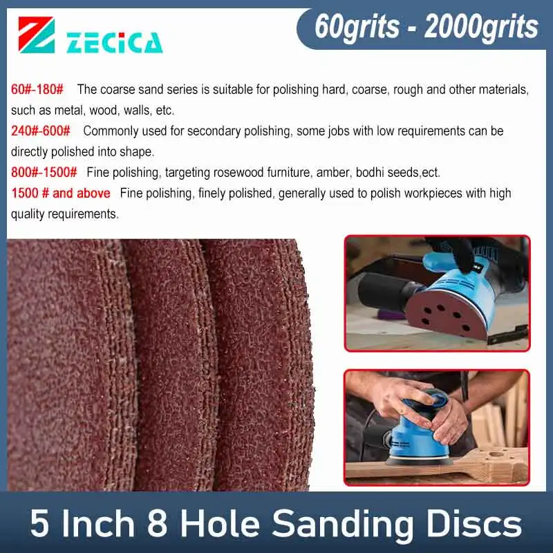 

5 Inch 8 Hole Sanding Discs 60-2000 Grits Flocking Sandpaper Orbital Sander Hook and Loop Adhesive Aluminum Oxide Sand Paper