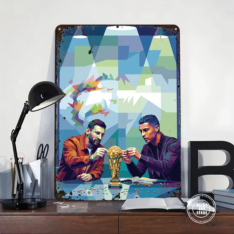Messi and Ronaldo Build a Trophy Poster Retro 3D Printed Metal Signs Customized Wall Hanging Gift for Room Decoration Items Art