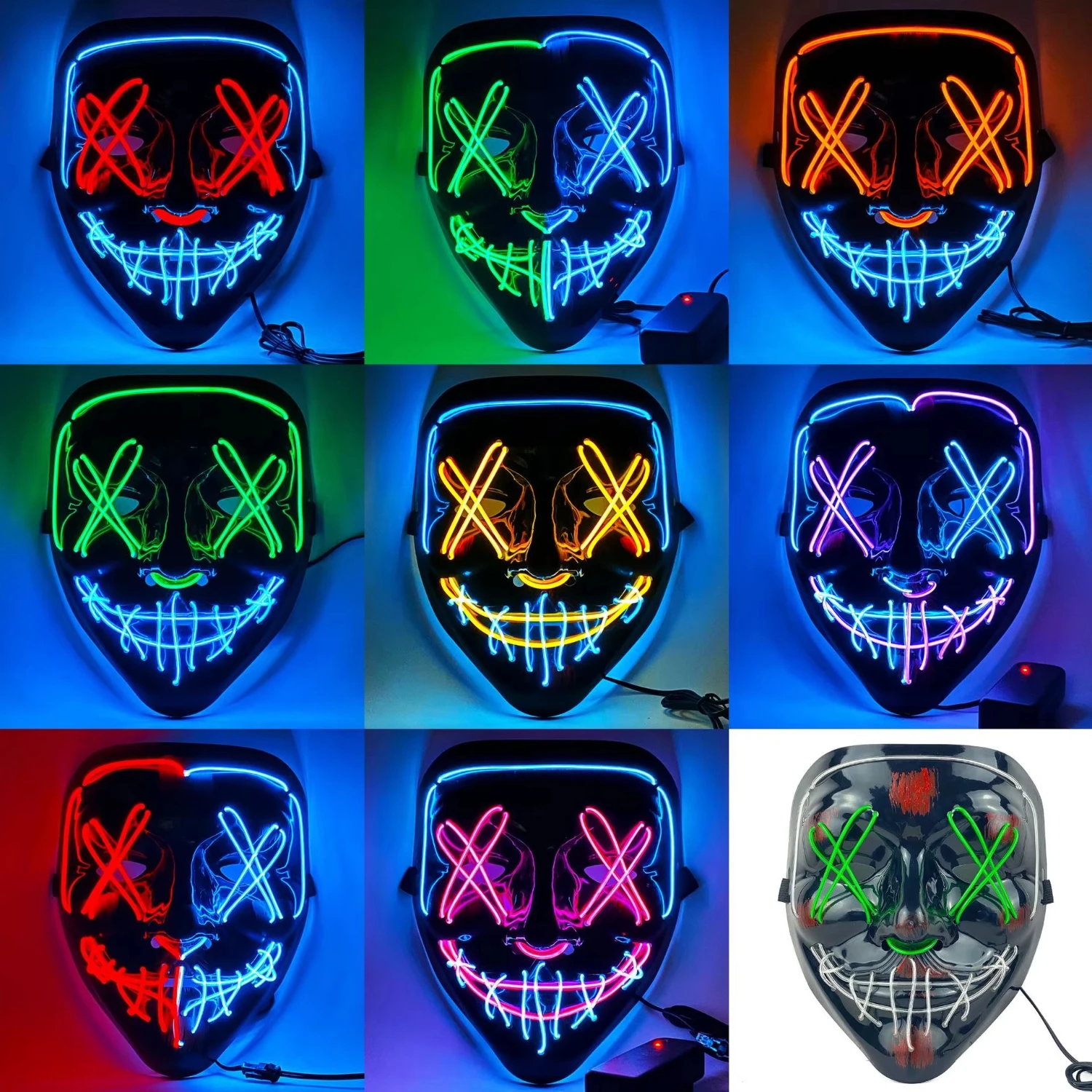 LED Scary Mask Halloween Light Up Mask Purge Mask with  Wire 3 -Modes for Halloween Festival, Party, CosPlay (without battery)